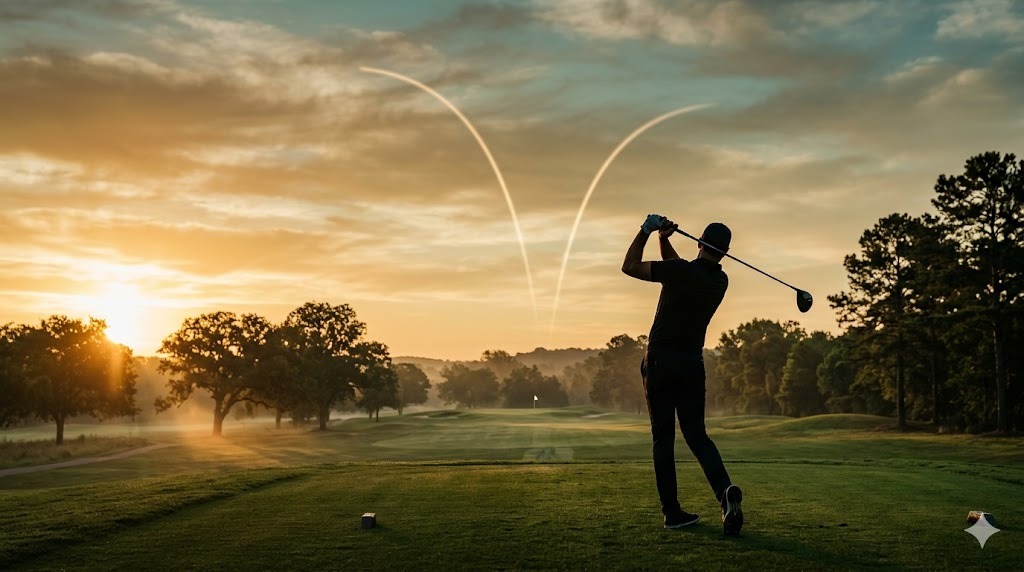 ゴルフコースで夕陽を浴びるゴルファーのシルエット — フェードとドローの弾道