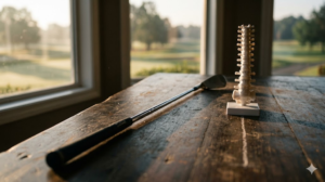 ゴルフクラブと脊椎模型が暗い木のテーブルに置かれたシネマティックな写真