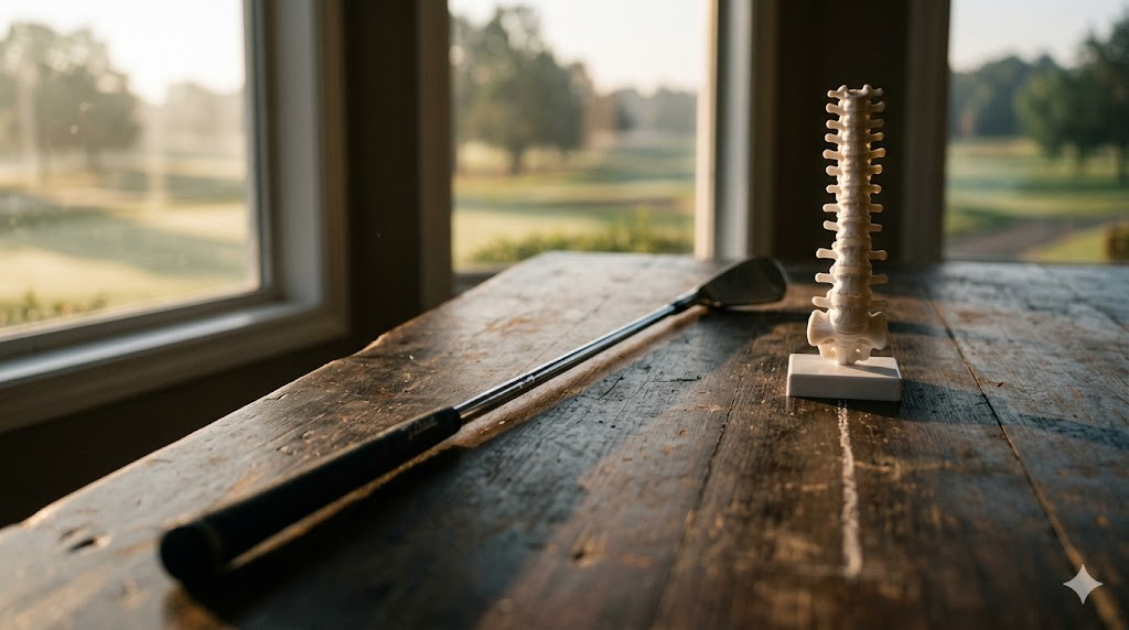 ゴルフクラブと脊椎模型が暗い木のテーブルに置かれたシネマティックな写真
