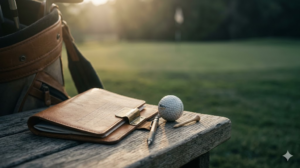 スコアカードと鉛筆とゴルフボールが木のベンチに置かれたシネマティックな写真