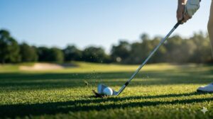 7番アイアンがボールに接触する瞬間のクローズアップ。ボール前方に薄いターフが飛ぶダウンブローのインパクト