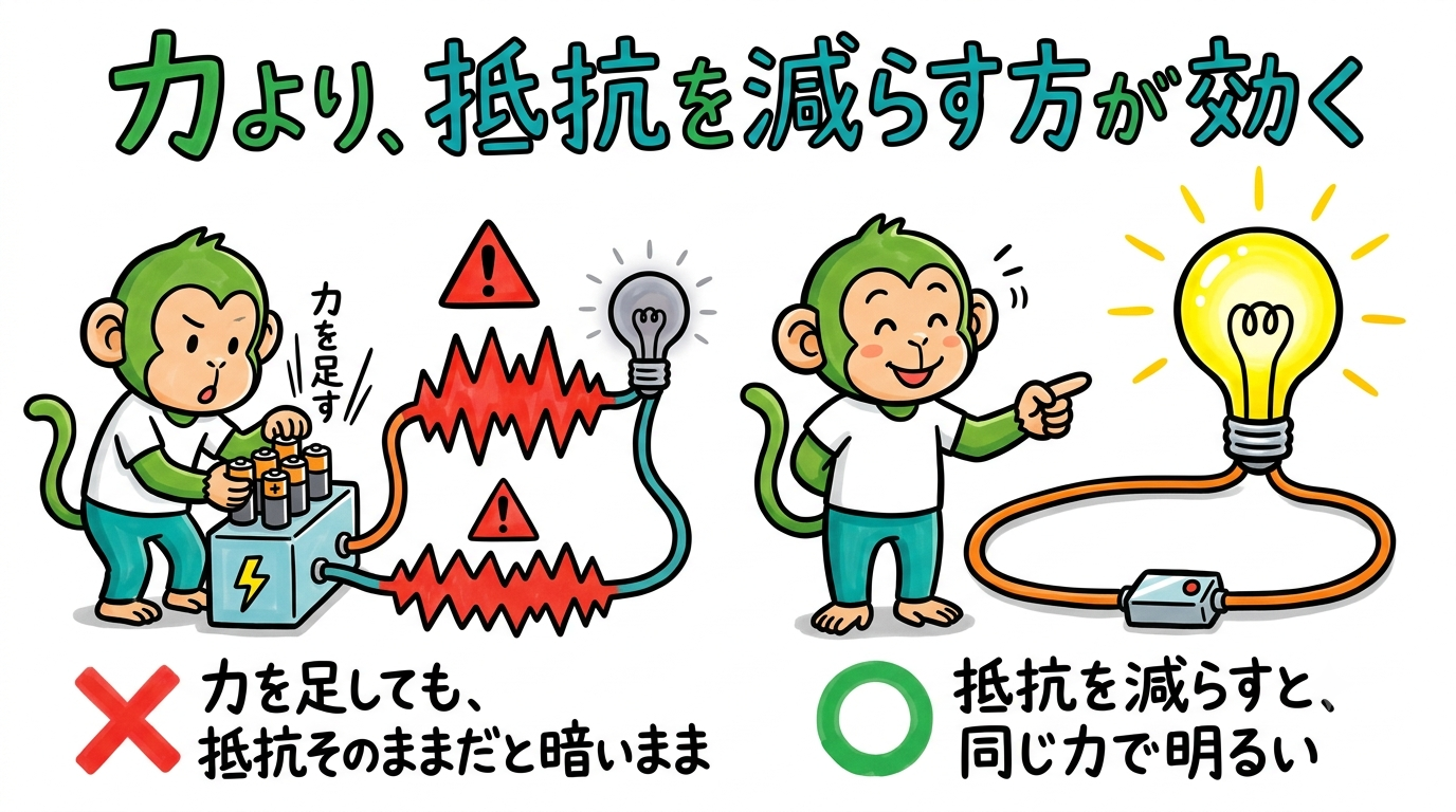 力を足しても抵抗そのままだと暗いまま。抵抗を減らすと同じ力でも明るくなる比較図