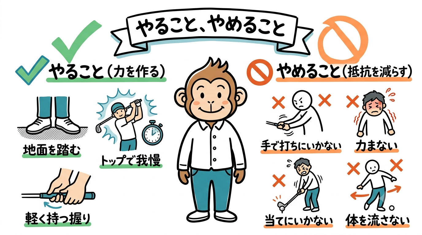 飛距離アップでやること(力を作る)とやめること(抵抗を減らす)の一覧