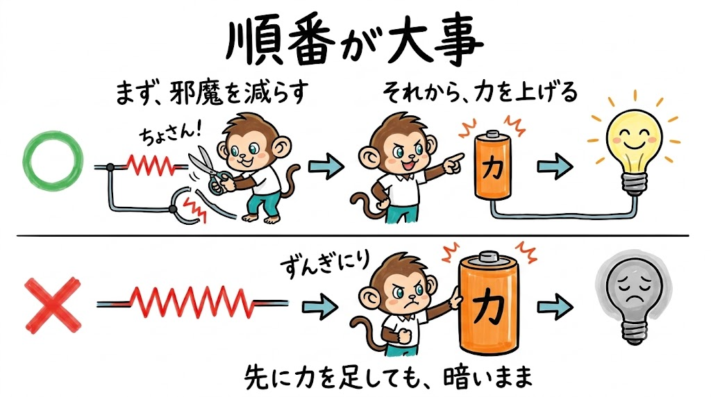 飛距離を伸ばす順番。まず邪魔(抵抗)を減らし、それから力を上げる