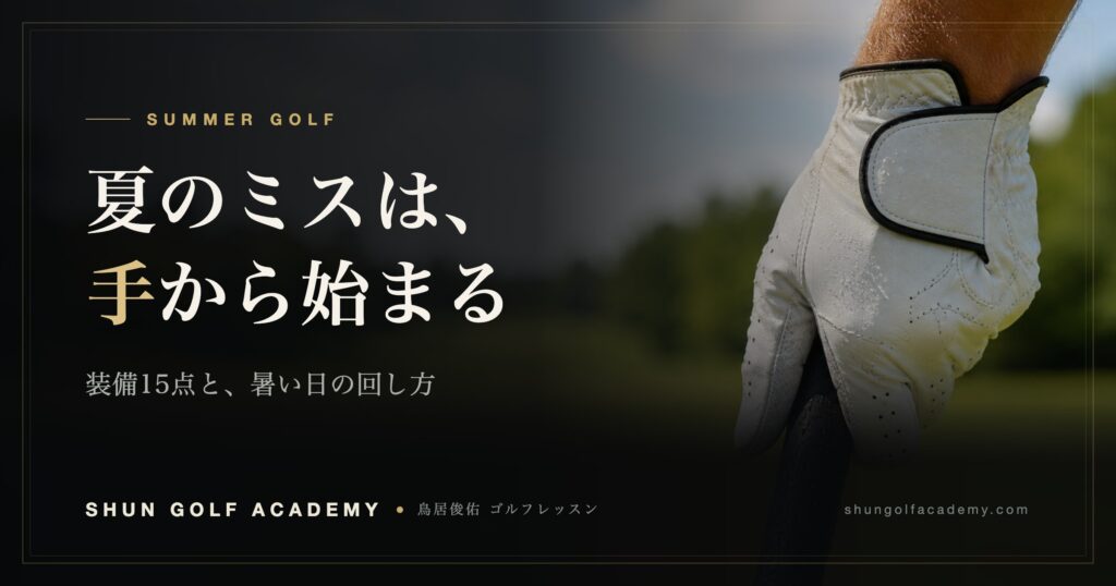 汗で濡れたゴルフグローブがクラブのグリップを握っている手元