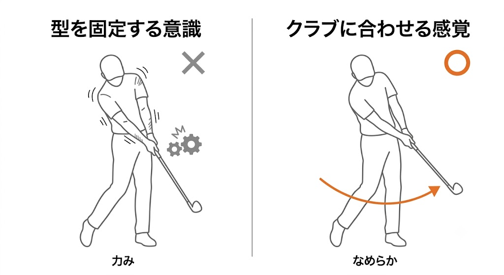 動きを固定しようとする意識(左)と、クラブの動きに合わせる感覚(右)の比較図