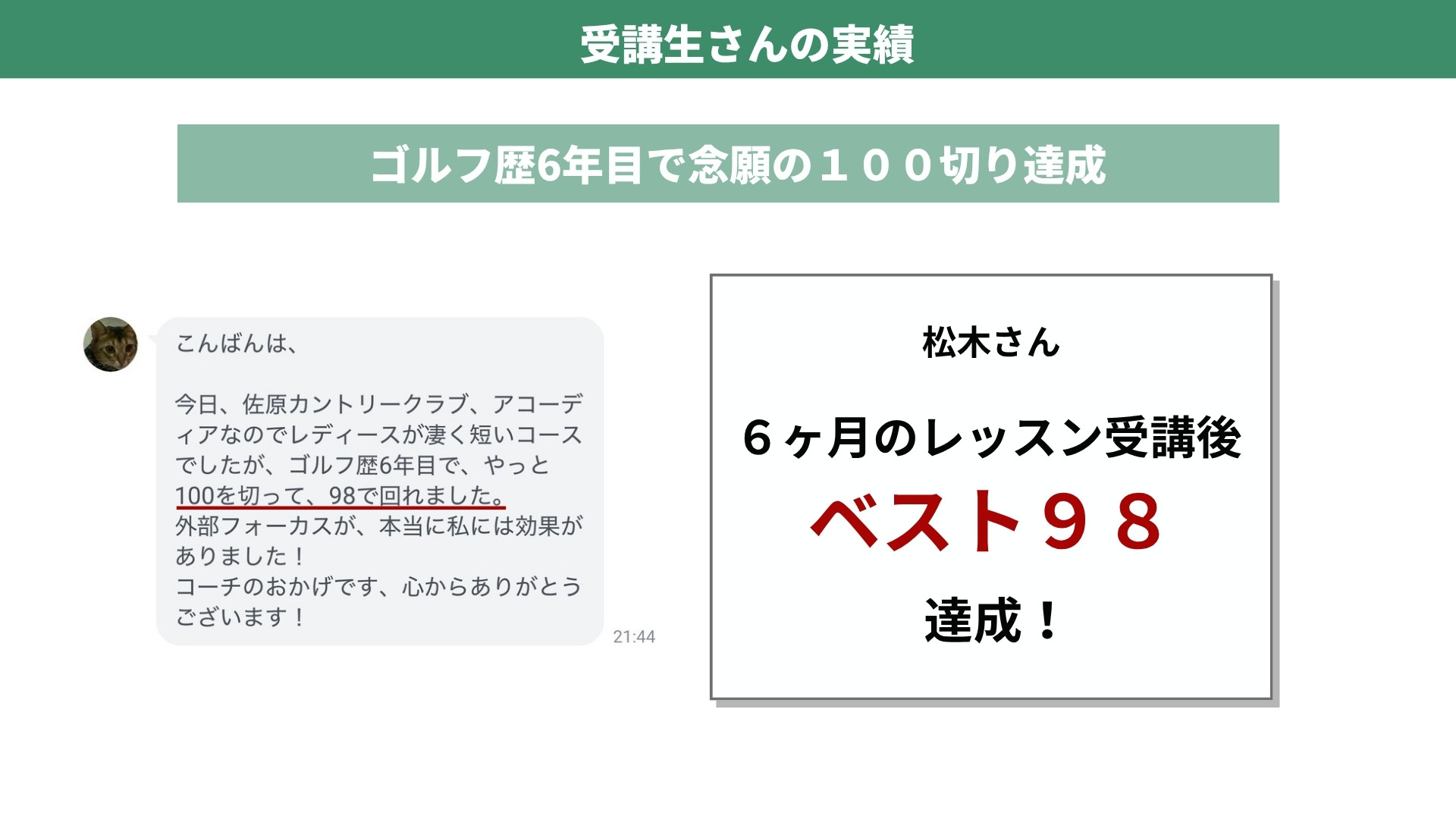 受講生の実績 松木さん 6ヶ月でベスト98