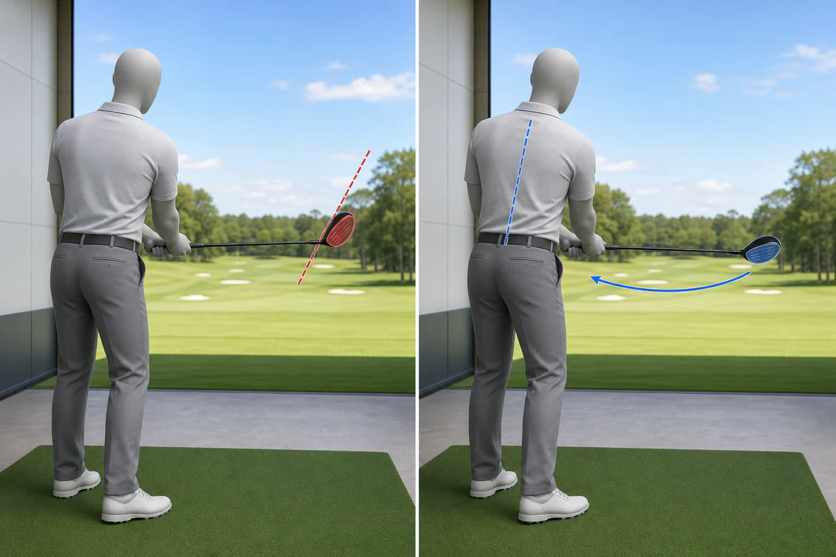 テイクバック腰位置でフェースが開く状態と背骨角度に合う状態の比較図