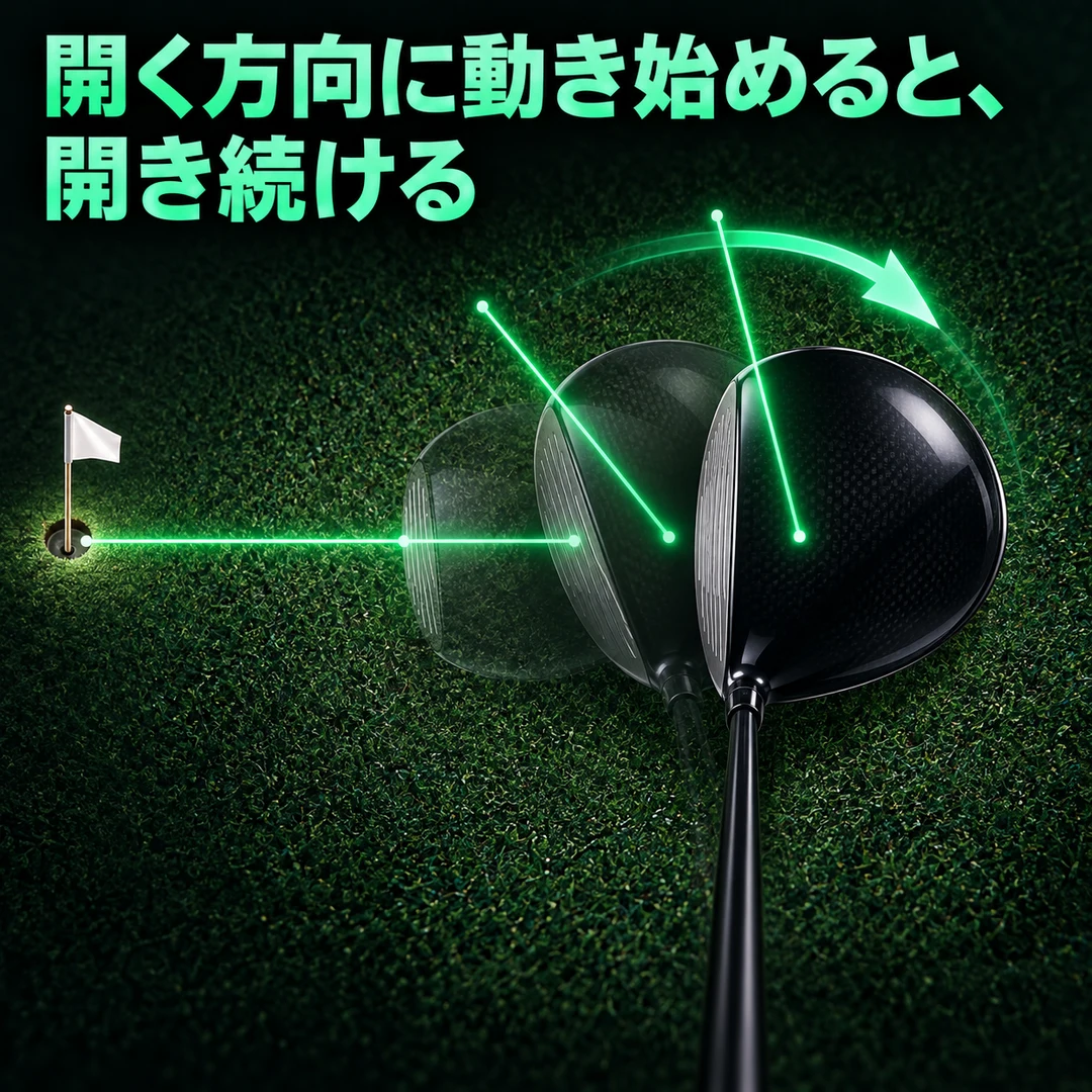 上から見たヘッド。フェースが開く方向に動き始めると、そのまま開き続ける