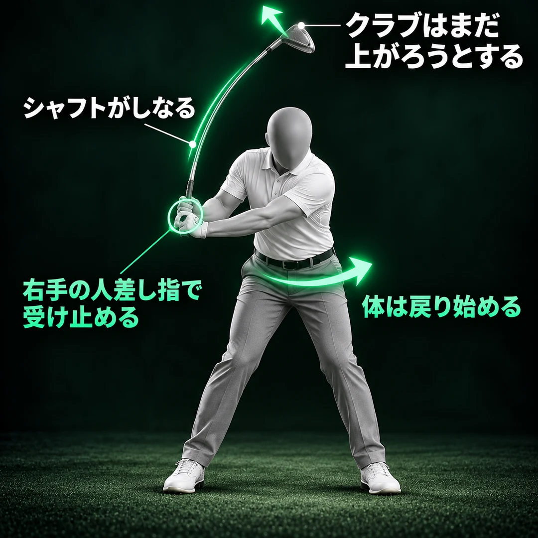 正面から見た切り返し。体は戻り始め、クラブはまだ上がろうとする。右手の人差し指で受け止めると、シャフトがしなる