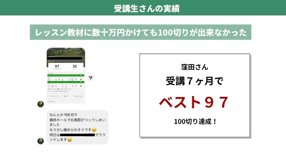 受講生さんの実績　レッスン教材に数十万円かけても100切りが出来なかった　受講7ヶ月で　ベスト97　100切り達成