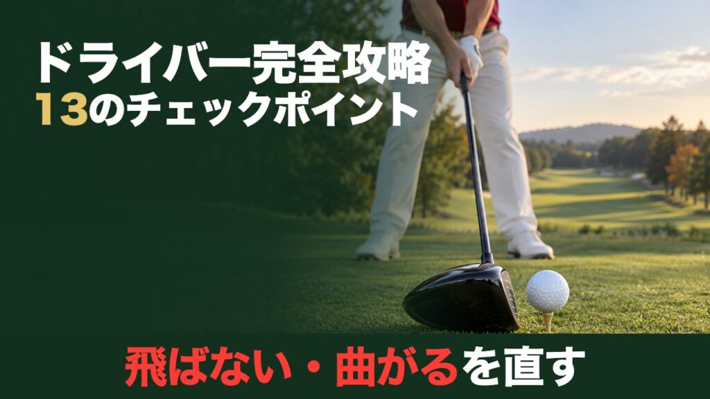 ドライバー完全攻略。13のチェックポイント。飛ばない・曲がるを直す。ティーアップしたボールの後ろに構えたドライバーのヘッド