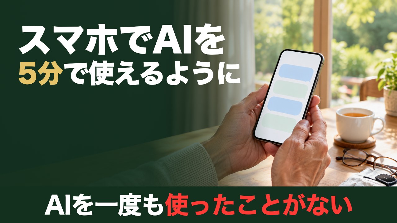 スマホでAIを5分で使えるように。AIを一度も使ったことがない方へ。窓辺のテーブルでスマホを両手で持つ手元