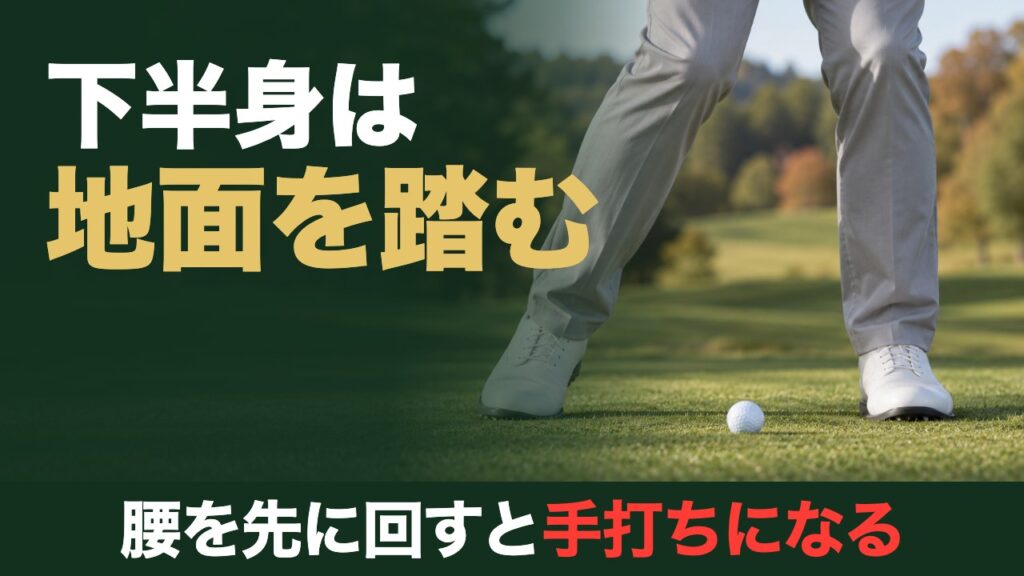 下半身は地面を踏む。腰を先に回すと手打ちになる。ダウンスイングで右足の内側で地面を押し、左足に乗っていくゴルファーの足元