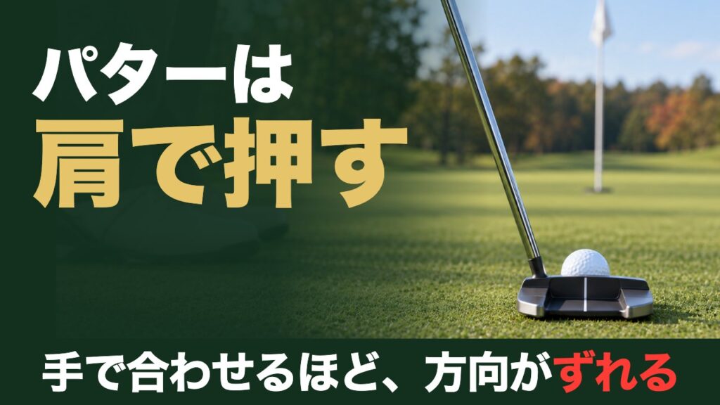 パターは肩で押す。手で合わせるほど、方向がずれる。ボールの後ろの低い位置から見たパターとボール、その先のカップと旗