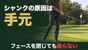 シャンクの原因は手元。フェースを閉じても直らない。グリーン周りでウェッジの寄せを打ち終え、手元が左腰の横にあるゴルファー