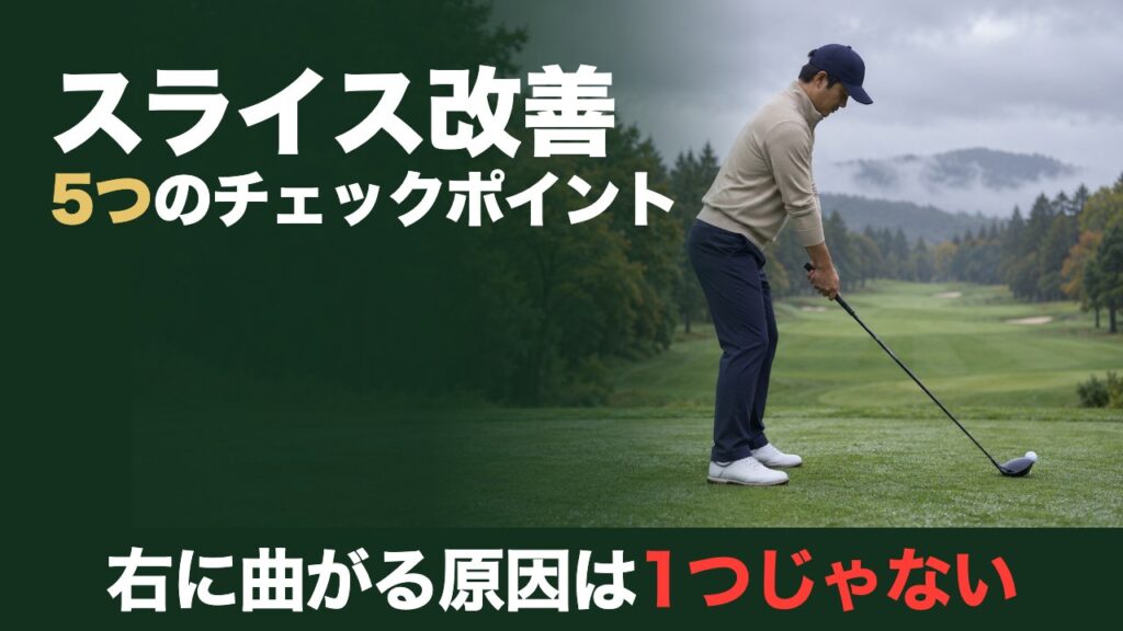 スライス改善5つのチェックポイント。右に曲がる原因は1つじゃない。雨上がりのティーでドライバーを構えた姿を後方から