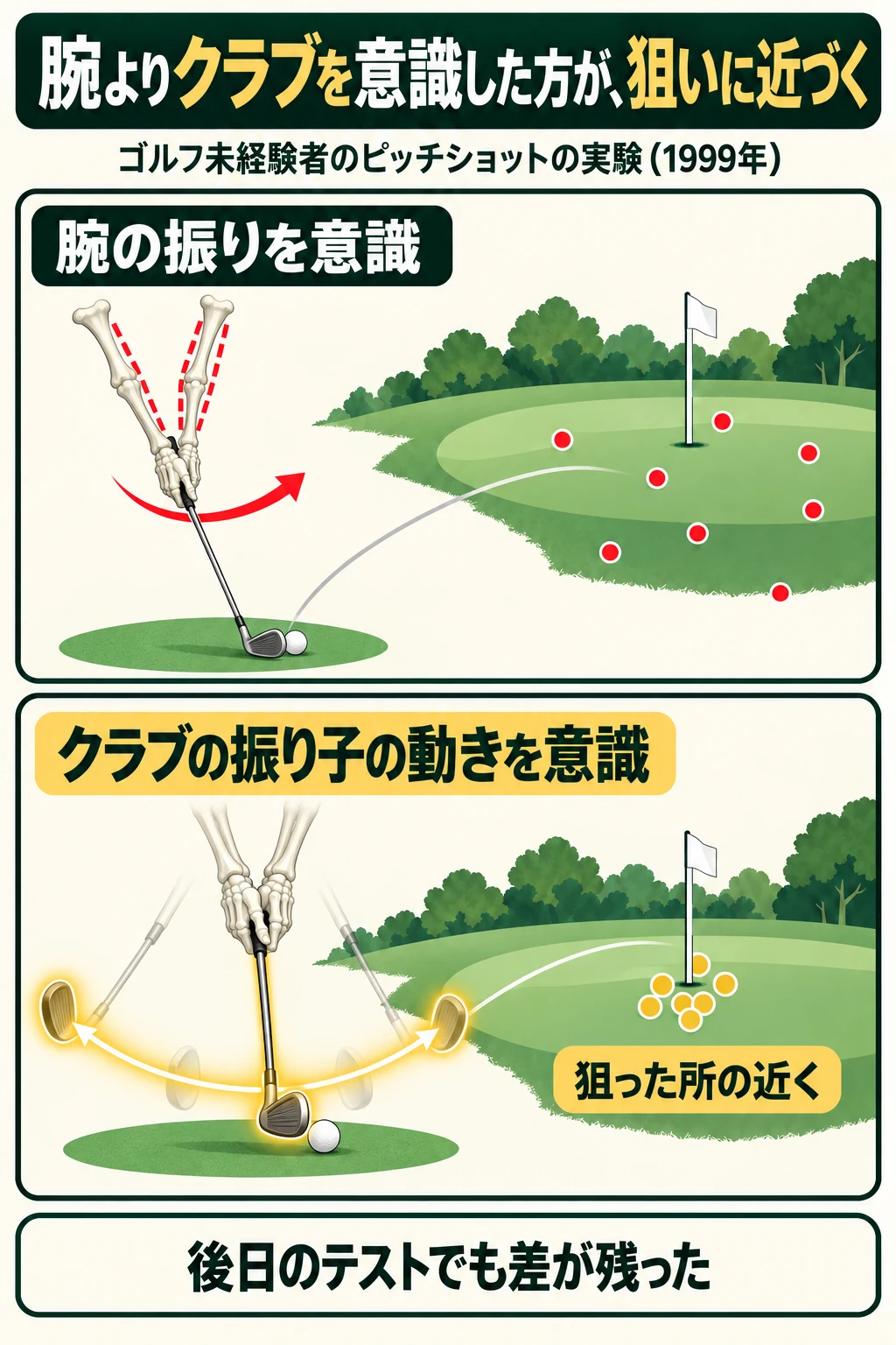 ゴルフ未経験者のピッチショットの実験で、腕の骨の振りよりクラブの振り子の動きを意識した方が狙った所の近くに打てたことを示す図
